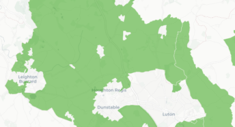 Map showing the areas of Green Belt land in Bedfordshire.
