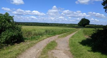 attractive countryside with long views, trees and a blue sky