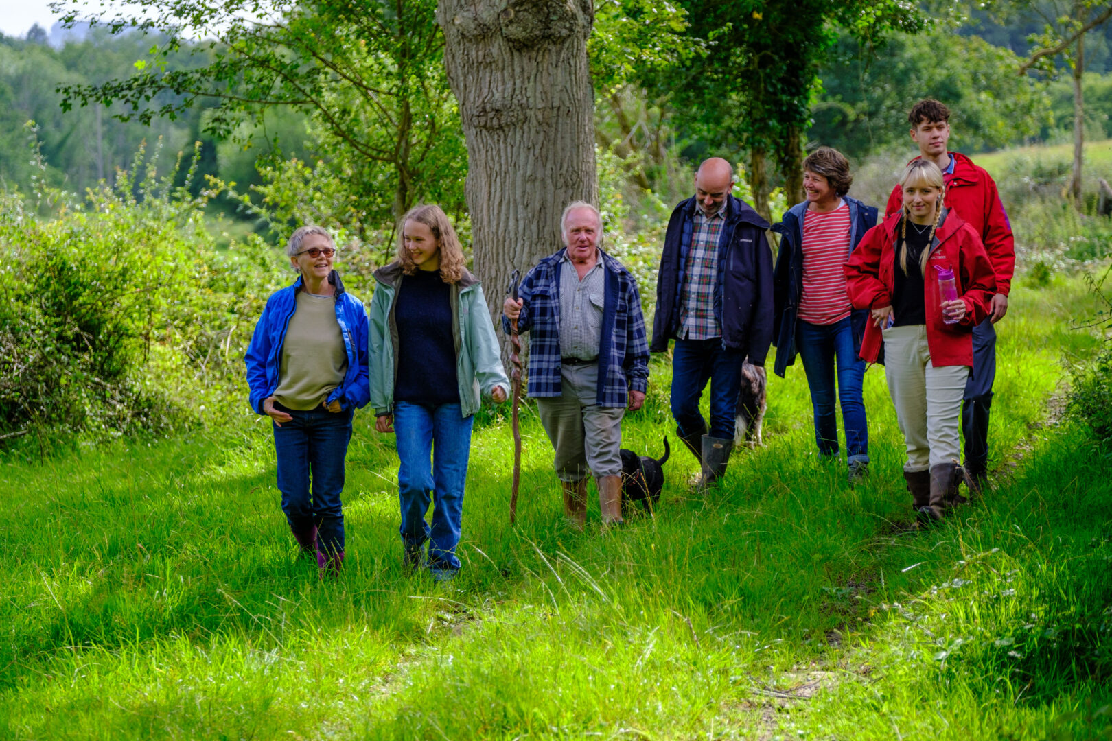 A group of adults taking a walk through a farm field in Sussex